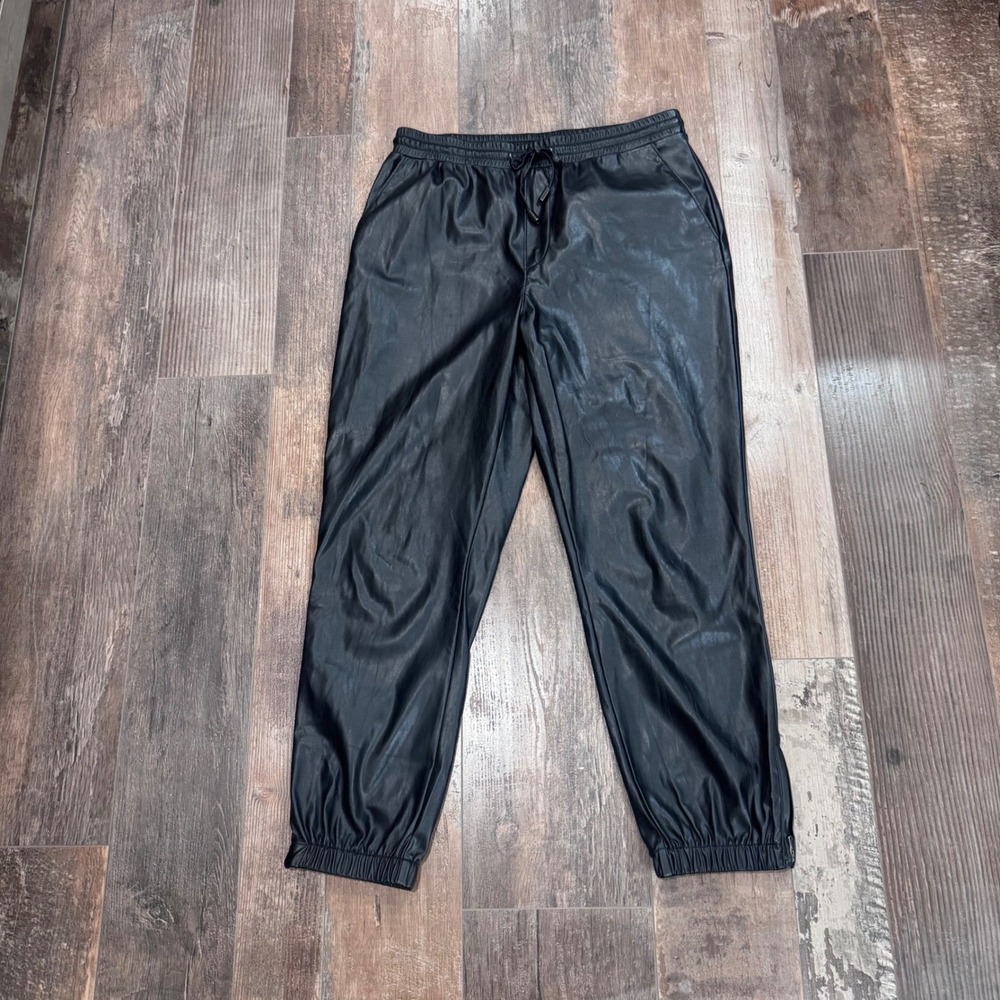 PAIGE Mayslie Faux Leather Jogger Pants Black Elastic Waist Zipped Cuff 6091H04